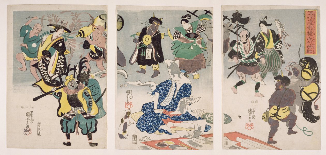 大津絵生き生きとした三連祭壇画1847-52年（版画）
